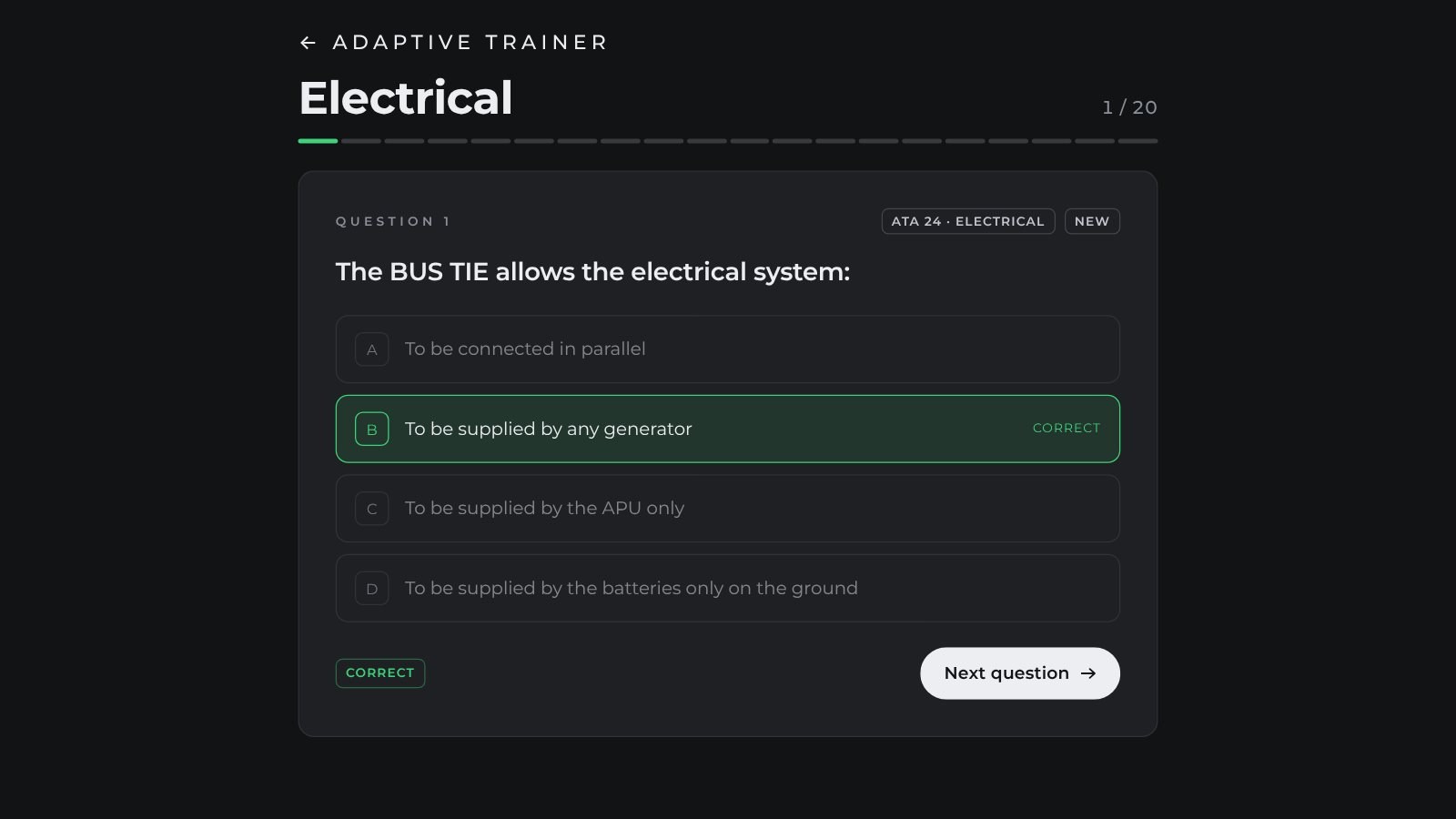 An Adaptive Trainer session on Electrical, with the correct answer marked