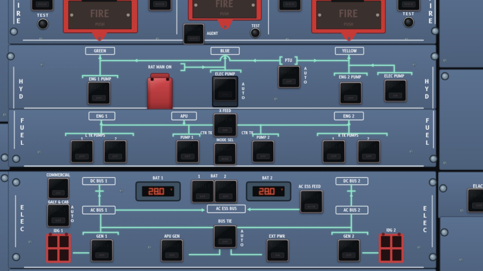 The A320 overhead panel in the Interactive Cockpit, every control drawn and live