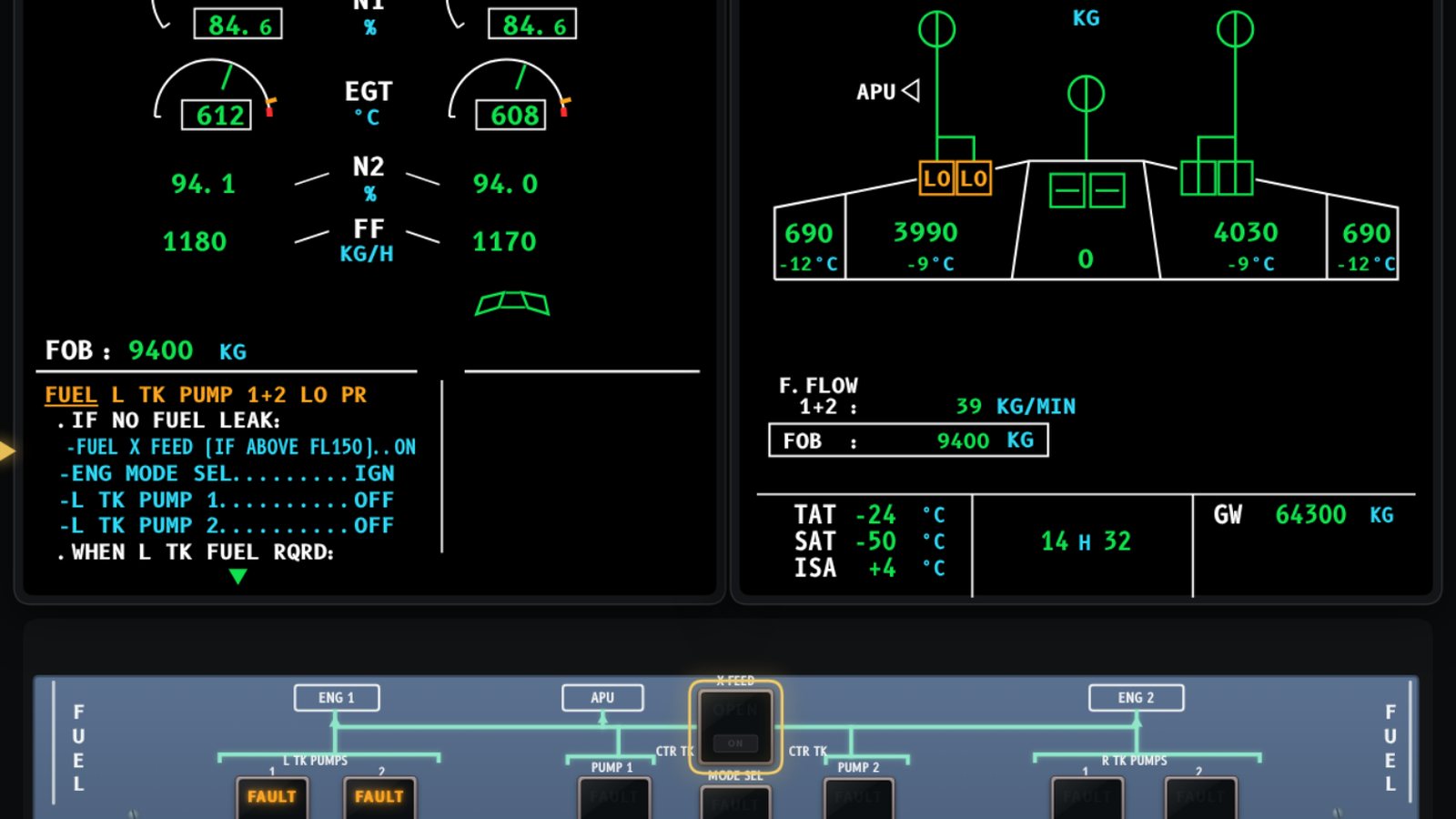 The ECAM Trainer: the E/WD shows FUEL L TK PUMP 1+2 LO PR, with the FUEL panel below it